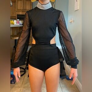 Kelle Dance Costume - Sheer Sleeve Leotard with skirt in back